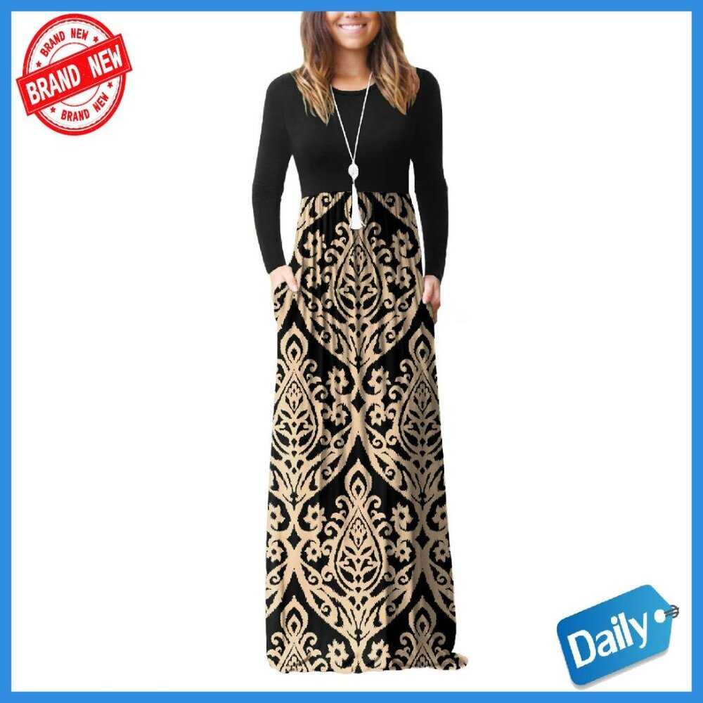 Long Sleeve Maxi Dress with Pockets, Rayon Blend, S-3XL